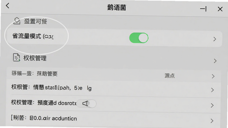 图片主体:鹅语菌设置界面截图,突出显示“省流量模式”开关、权限管理列表。布局为纵向列表,风格系统原生UI,细节上设置项有中文标注,画质干净,无多余元素