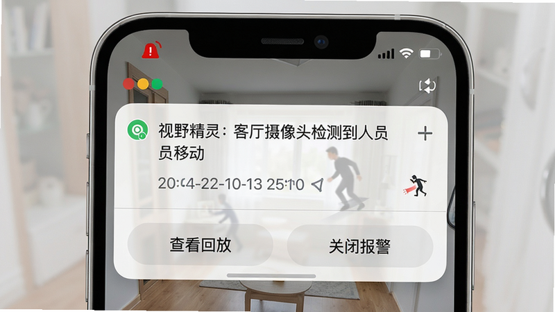 视野精灵报警通知截图,手机状态栏显示红色报警图标,下拉通知栏中有“视野精灵:客厅摄像头检测到人员移动”的推送消息,界面下方有“查看回放”和“关闭报警”按钮,设计简洁,风格现代,细节包括时间戳和报警次数标记,画质干净