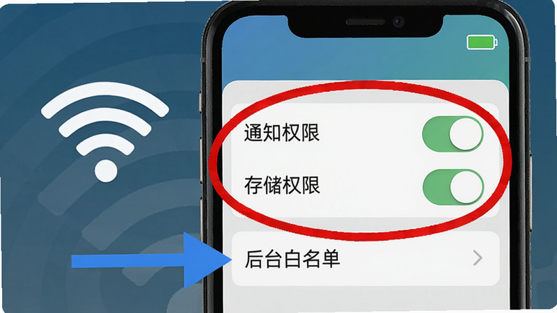 视野精灵使用指南示意图,手机屏幕显示设置界面,红色圆圈标注“通知权限”和“存储权限”开关,蓝色箭头指向“后台白名单”选项,背景有Wi-Fi信号图标和电量指示,风格简洁教学化,画质干净无多余元素
