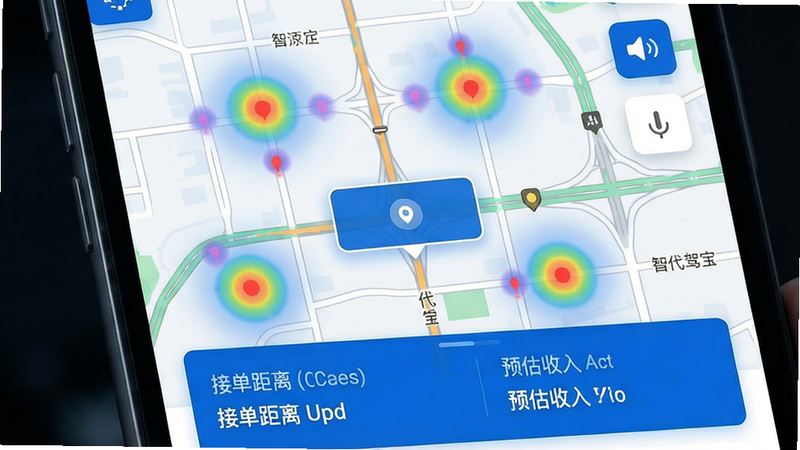 主体:代驾宝智能派单界面,地图上显示多个订单热力分布图标,其中一个订单被高亮选中。布局:地图占满屏幕,底部有订单卡片显示接单距离和预估收入。排版:地图上标注街道名称,订单卡片字体清晰。风格:科技蓝配白色,现代简洁。细节:右上角有语音播报开关图标,地图带有实时路况颜色标识。画质:高分辨率,干净无杂物。