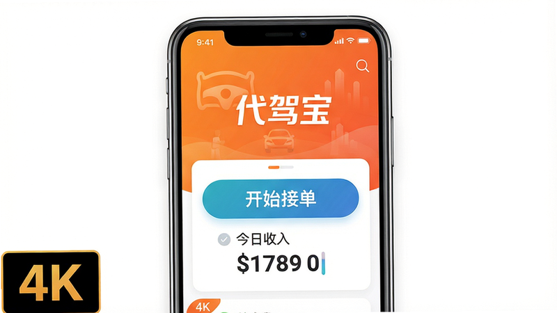 主体:代驾宝App首屏界面,顶部显示“代驾宝”品牌标识及橙色渐变背景,中央有一个醒目的“开始接单”按钮,按钮下方展示今日收入数字。布局:手机竖屏居中展示,周围留白。排版:文字清晰,按钮突出。风格:扁平化UI设计,色彩明亮。细节:状态栏显示电池电量,界面左下角有订单数量角标。画质:4K超清,无多余元素。
