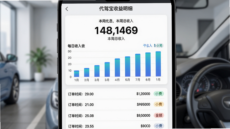 主体:代驾宝收益明细页面,顶部显示本周总收入数字,下方柱状图展示每日收入。布局:页面分上下两部分,上部分为汇总卡片,下部分为列表形式展示每笔订单详情。排版:数字使用大号加粗字体,图表颜色渐变。风格:商务简约,白色背景蓝色图表。细节:列表每一项都有订单时间、金额和小费标记。画质:高清,无多余装饰。