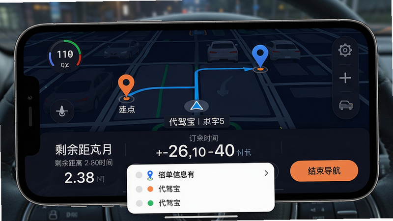 主体:代驾宝导航界面,手机横屏显示,底部有接单列表悬浮窗。布局:导航地图占据上半部分,下半部分为订单信息栏和操作按钮。排版:地图上标注起点终点标志,信息栏使用大号字体显示剩余距离和时间。风格:夜间模式深色背景,对比度高。细节:左上角显示当前车速,右下角有“结束导航”按钮。画质:锐利清晰,无多余元素。