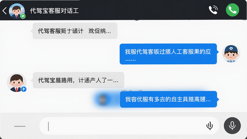 主体:代驾宝客服对话框界面,显示人工客服头像和聊天内容,底部有输入框。布局:全屏聊天界面,顶部有客服名称。排版:气泡式对话,左灰色右蓝色。风格:微信风格,简洁友好。细节:右上角有电话图标,输入框带语音输入按钮。画质:高清无杂物。