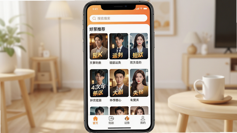 主体:手机屏幕显示我好运APP首页,布局:顶部搜索栏,中部是短剧推荐封面网格,底部导航栏有“首页”“短剧”“运势”“我的”四个图标,排版:左右对称,风格:清新明亮,色彩以暖色为主,细节:每个短剧封面有剧名标签,画质:4K高清,干净无多余元素