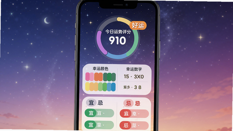 主体:手机屏幕显示运势查询结果页,布局:顶部显示今日运势评分(圆形图表),中部为幸运颜色色块和幸运数字,底部为宜忌列表(绿色宜、红色忌),排版:从上到下,风格:渐变星空背景,字体圆润,细节:评分旁有“好运”字样,画质:超清,干净无多余元素