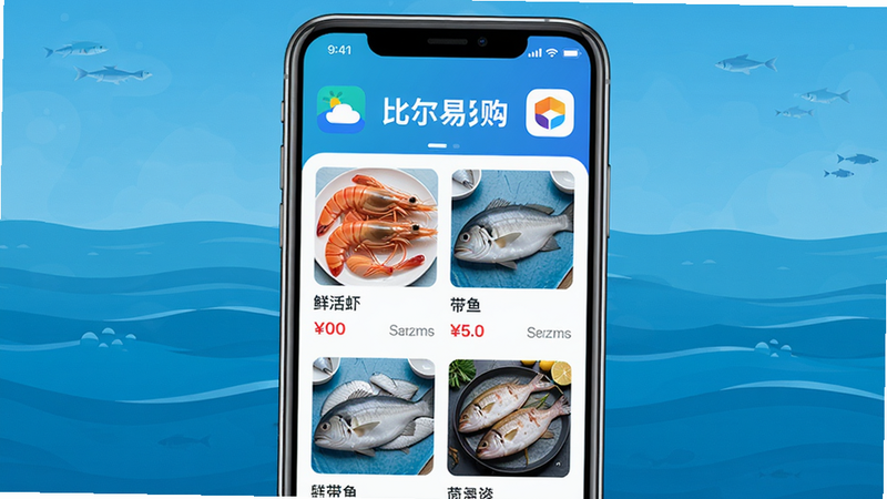 主体:比尔易购App界面展示,布局:手机屏幕居中,背景为蓝色海洋色调,排版:应用图标位于顶部,下方展示商品列表和价格,风格:扁平化现代设计,细节:商品图片清晰,显示