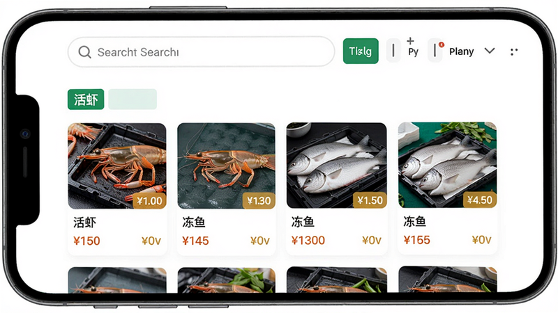 主体:比尔易购商品搜索界面,布局:手机屏幕显示搜索框和筛选条件,下方商品卡片排列,排版:清晰分类标签如