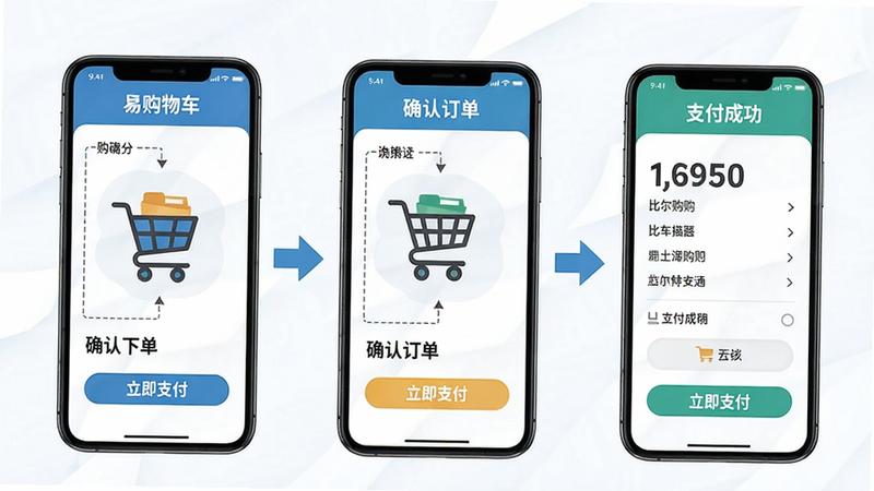 主体:比尔易购下单流程演示,布局:手机屏幕分为购物车、确认订单、支付成功三个步骤,排版:箭头指引,风格:流程化图示,细节:显示