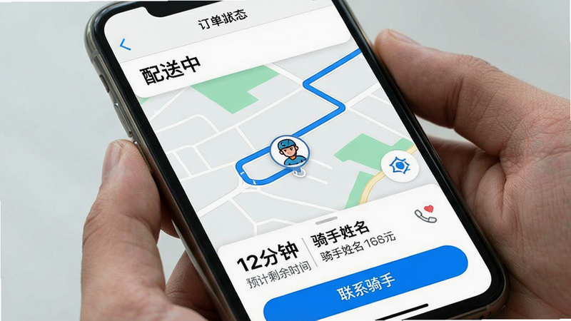 主体:手机屏幕显示美滋来配送跟踪界面,布局:左上角显示订单状态“配送中”,中间为动态地图,有骑手头像图标沿路线移动,底部显示预计剩余时间“12分钟”和骑手姓名电话。风格:地图风格简洁,路线以蓝色线条标注,骑手图标为小人头像,细节:顶部有返回按钮,底部有“联系骑手”按钮,画质:清晰,无多余元素,文字“配送跟踪”。
