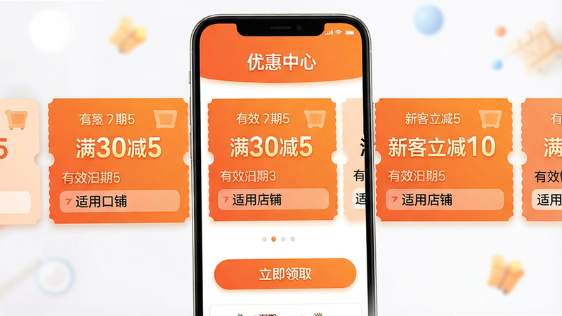 主体:手机屏幕展示美滋来优惠券列表,布局:顶部标题“优惠中心”,下方多张优惠券卡片横向排列,每张券显示面额“满30减5”“新客立减10”等,底色为橙色渐变,底部有“立即领取”按钮。风格:卡片扁平化,券面数字突出,细节:券的有效期和适用店铺标注清晰,画质:干净无杂乱,文字“优惠中心 满30减5”。