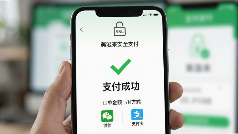 主体:手机屏幕显示美滋来安全支付界面,布局:中间显示“支付成功”绿色对勾,下方有订单金额和支付方式图标(微信、支付宝),背景模糊处理。风格:简洁安全,绿色和白色为主,细节:顶部有锁型SSL图标,画质:干净无多余元素,文字“支付成功”。