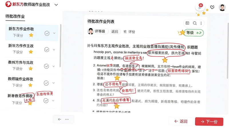 主体为新东方教师端作业批改界面,左侧是待批改作业列表,右侧展示一份已批改的主观题,上面有红色批注和星标,布局左右分栏;风格明亮干净,细节包括批注笔迹、评分等级,画质高清,页面底部有“返回”“下一份”按钮,无多余元素。