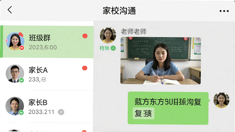 主体为新东方教师端消息聊天界面,左侧为联系人列表包含“班级群”“家长A”“家长B”,右侧显示某段聊天记录包含老师发的图片和文字回复,布局类似微信;风格简洁,细节包含未读消息红点、已读标记,画质高清干净,无多余元素,顶部显示“家校沟通”标题。