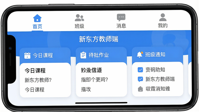 主体为新东方教师端应用主界面,布局上方显示导航栏包含“首页”“班级”“消息”“我的”四个标签,中央区域以卡片形式排列“今日课程”“待批作业”“班级通知”等模块,整体采用蓝色与白色搭配的扁平化风格,细节上突出清爽的圆角设计,画质高清干净,无多余元素,界面中文字标注“新东方教师端”字样。