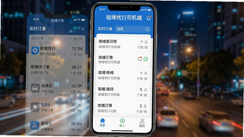 一张高清手机截图展示哈喽优行司机端APP主界面,顶部显示“哈喽优行司机端”品牌Logo,中部为实时订单列表,底部有导航、收入、我的等选项卡,背景虚化为城市夜景,界面简洁现代,色彩以蓝色和白色为主,画质清晰,无多余元素