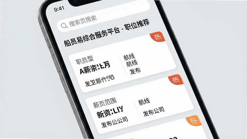 主体:手机屏幕展示就业信息页面,标题“船员易综合服务平台 - 职位推荐”;布局:顶部搜索栏,下方卡片式职位列表,每张卡片显示船型、薪资范围、航线、发布公司;排版:卡片之间留白均匀,关键数据加粗;风格:商务简洁风,背景浅灰,卡片白色;细节:卡片右上角有“热”字标签;画质:高清,干净无多余元素。