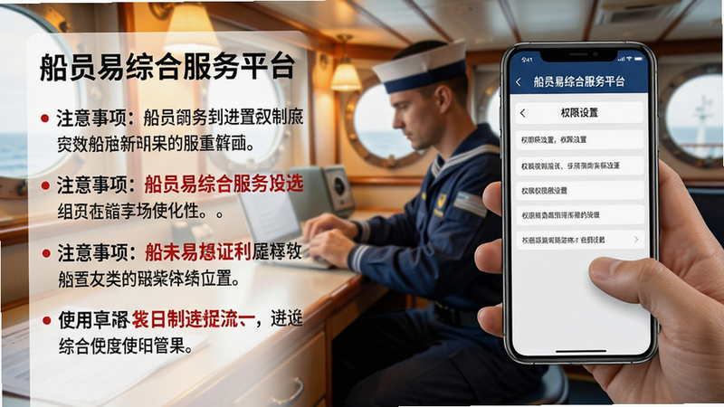 主体:手机屏幕显示“船员易综合服务平台”使用指南页面,背景为海员在船舱内操作手机的场景;布局:侧边图文混排,左侧文字列举注意事项,右侧手机演示;排版:文字分段清晰,重点用红色加粗;风格:写实培训手册风格,暖色灯光;细节:手机屏幕上显示“权限设置”界面;画质:高清,干净无多余元素。