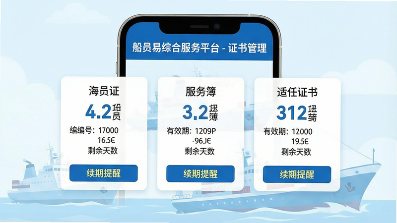 主体:手机屏幕展示证书管理页面,顶部标题“船员易综合服务平台 - 证书管理”;布局:中央列举“海员证”“服务簿”“适任证书”三个卡片,每个卡片显示证书编号、有效期和剩余天数;排版:卡片均匀排列,数字醒目;风格:清新商务风,蓝白配色;细节:卡片底部有“续期提醒”按钮,背景为浅蓝色船舶插图;画质:高清,干净无多余元素。