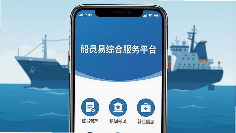主体:船员易综合服务平台APP界面展示,手机屏幕居中,背景为海洋与船舶轮廓;布局:界面中央凸显“船员易综合服务平台”文字,下方排列“证书管理”“培训考试”“就业信息”等圆形图标;排版:图标均匀分布,文字清晰;风格:扁平化设计,蓝色与白色主色调,简洁专业;细节:图标下方有中文标签,顶部状态栏显示信号与电量;画质:高清渲染,干净无多余元素。