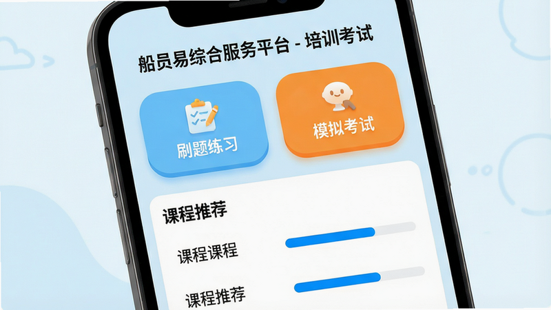 主体:手机屏幕展示培训考试模块,页面标题“船员易综合服务平台 - 培训考试”;布局:上部分显示“刷题练习”“模拟考试”两个大按钮,下部分为“课程推荐”列表;排版:按钮圆角大,列表每行显示课程名称和进度条;风格:活泼学习风,主色调浅蓝加橙色点缀;细节:按钮上有小图标,进度条蓝色填充;画质:高清,干净无多余元素。