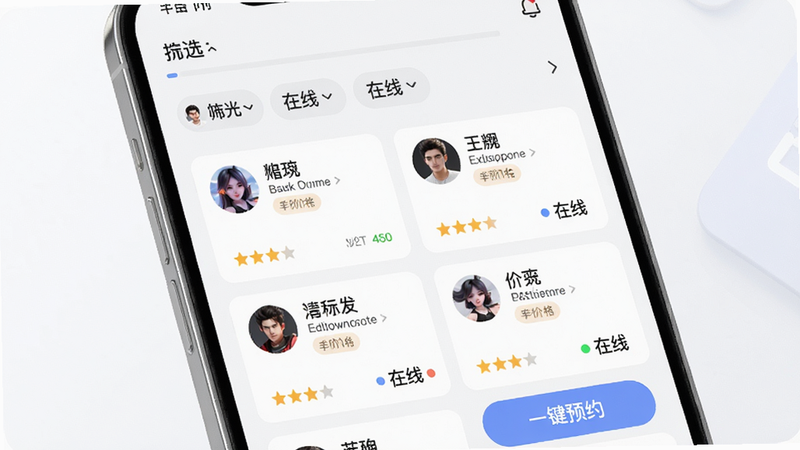 YES语音游戏陪玩广场功能图,主体为手机屏幕展示陪玩列表,布局上方有筛选条件、中间为陪玩卡片列表(包含头像、昵称、标签、价格),排版网格状,风格清新简洁,细节包括星级评分和在线状态标识,画质高清干净,文字标注'王者荣耀陪玩'和'一键预约'字样