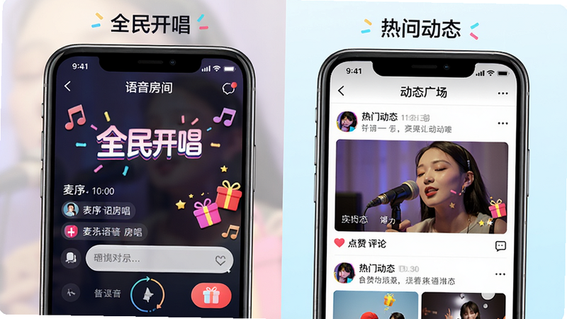 YES语音语音房间与动态广场功能图,主体为手机屏幕左侧显示语音房间界面(包含麦序、聊天框、礼物按钮),右侧显示动态广场(包含图文动态、点赞评论),布局分屏展示,风格活泼多彩,细节包括动态时间戳和礼物特效,画质清晰明亮,文字标注'全民开唱'和'热门动态'字样