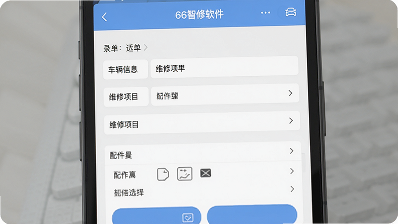 66智修软件录单界面截图,手机屏幕显示录单表单,包含车辆信息、维修项目、配件选择等,背景简洁,风格清新,画质清晰。