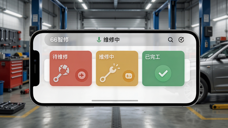 66智修进度跟踪界面,手机屏幕显示车辆维修进度看板,包含“待维修”、“维修中”、“已完工”等状态,彩色卡片布局,背景为车间实景,画质细腻。