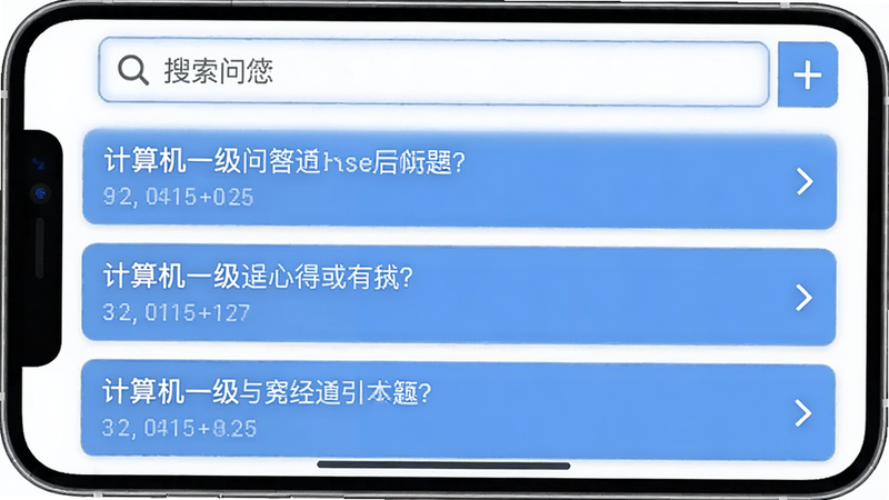 一张手机截图显示“计算机一级”问答界面,上方有搜索框,下方列出常见问题列表,每个问题下方有展开箭头,风格清新简洁,画质高清。