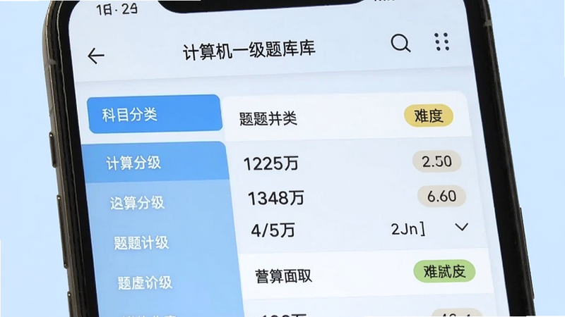 手机屏幕展示“计算机一级”题库列表页面,左侧有科目分类,右侧显示题目数量及难度标签,背景为淡蓝色,排版整齐,风格简洁,画质清晰。