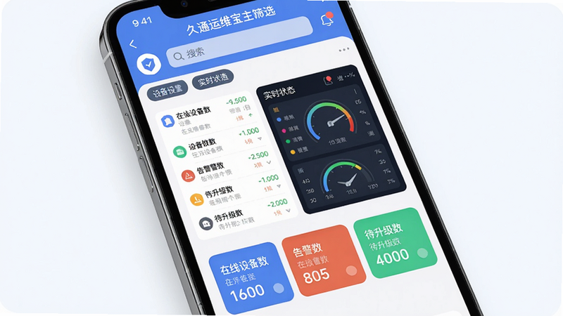 主体:一部手机屏幕显示久通运维宝的主界面,布局:中心位置是设备列表与实时状态仪表盘,排版:上方有搜索栏和筛选标签,下方为功能卡片,风格:科技感扁平化UI,细节:卡片上标注“在线设备数”“告警数”“待升级数”,画质:高清、干净、无多余元素