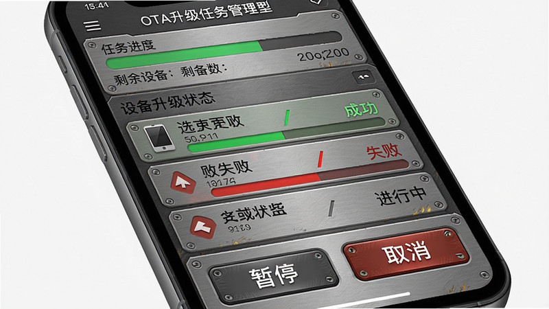 主体:手机界面显示OTA升级任务管理器,布局:顶部为任务进度条和剩余设备数,中部为设备升级状态列表(成功/失败/进行中),底部有“暂停”“取消”按钮,风格:工业风进度展示,细节:每个设备名称旁有当前版本号,画质:高分辨率、干净、无多余元素