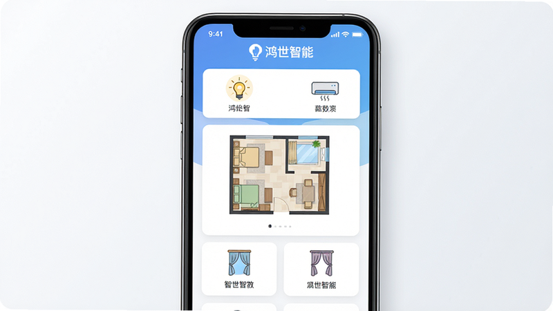 主体:一部智能手机屏幕显示鸿世智能APP主界面,布局:中央为房间平面图,周围分布灯光、空调、窗帘等设备图标,排版:卡片式布局,风格:现代简洁扁平化UI,细节:界面文字有