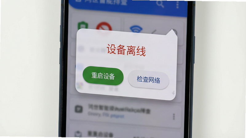 主体:手机屏幕显示鸿世智能设备离线故障排查界面,布局:中央有“设备离线”红色提示,下方有“重启设备”“检查网络”按钮,排版:对话框样式,风格:Material Design,细节:按钮圆角,画质:4K,干净无多余元素