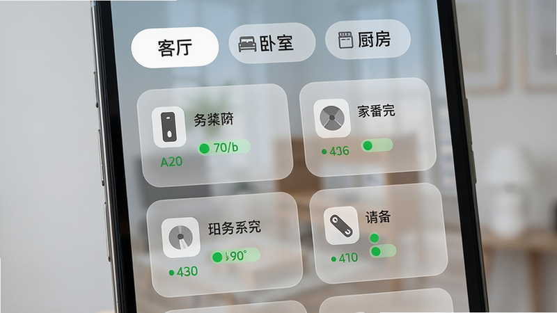 主体:手机屏幕展示设备列表页,布局:上方为房间标签(客厅、卧室、厨房),下方为设备卡片,排版:网格状排列,风格:毛玻璃质感,细节:每个卡片显示设备名称、状态和图标,画质:高分辨率,干净整洁