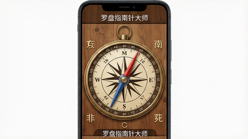 生成一张展示罗盘指南针大师应用界面的高清图片,主体为一部安卓手机竖屏显示,屏幕中央是一个精美的传统罗盘图案,刻度清晰,指针指向北方,周围环绕东南西北标识,界面背景为木质纹理,风格写实简洁,画质干净无多余元素,文字标注“罗盘指南针大师”
