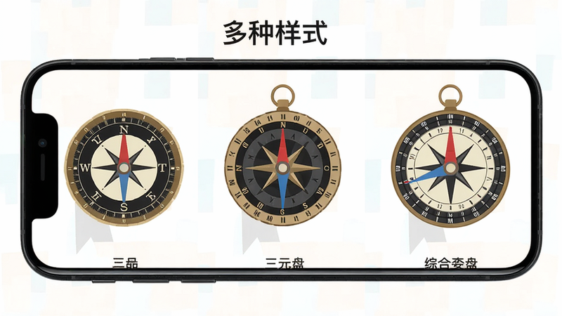生成一张展示罗盘指南针大师多种罗盘样式的图片,主体为手机屏幕上并列显示三款不同风格的罗盘(三合盘、三元盘、综合盘),布局整齐,排版简洁,风格扁平化,画质清晰,无多余元素,文字标注“多种样式”