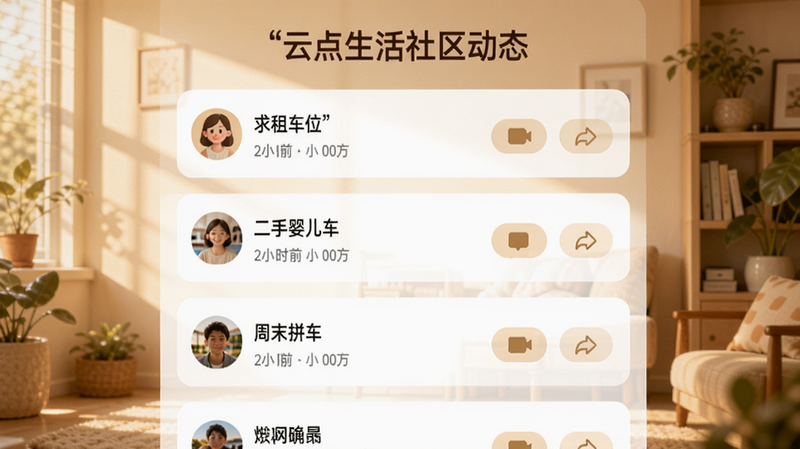 云点生活社区动态页面,顶部是小区名称,下方信息流展示多条帖子,包括“求租车位”、“二手婴儿车”、“周末拼车”等,每条帖子有头像、昵称、发布时间和互动按钮。风格温暖,配以柔和光影,整体干净,强调社区氛围。云点生活 预览图