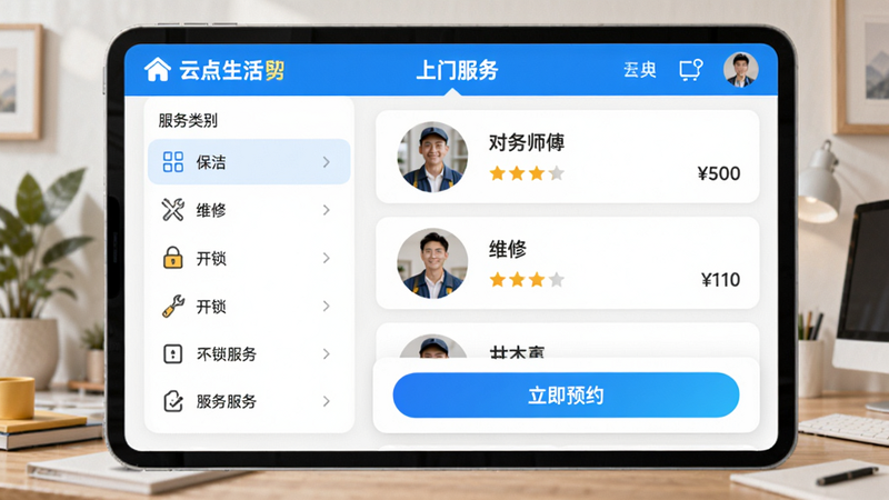云点生活服务下单页,左侧为服务类别列表(保洁、维修、开锁等),右侧为对应师傅列表,显示头像、评分、价格。底部有“立即预约”按钮。整体页面采用卡片式设计,风格简洁,色彩明快,文字“上门服务”突出。云点生活 预览图