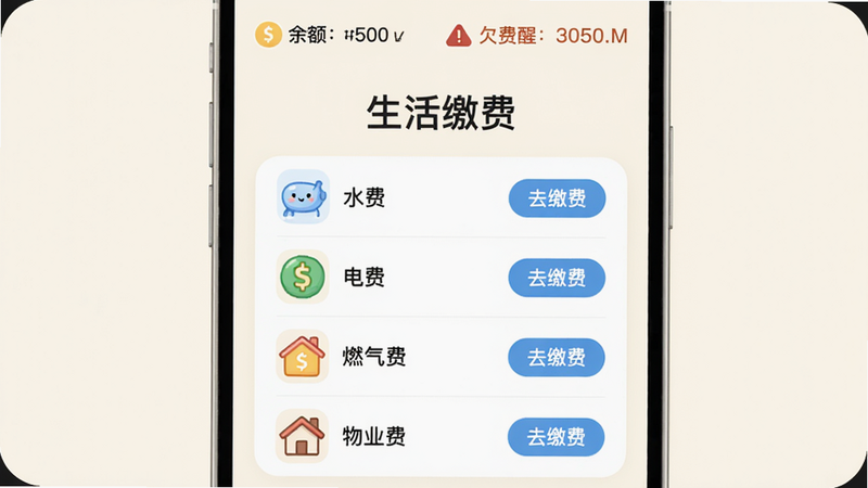 展示云点生活缴费功能界面,背景为简约的米白色,中央显示缴费项目列表(水费、电费、燃气费、物业费),每个项目右侧有“去缴费”按钮,顶部有余额和欠费提醒。风格清晰,图标可爱,文字“生活缴费”居中,干净无干扰。云点生活 预览图