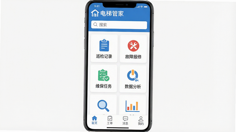 一张展示电梯管家APP主界面的截图,布局为手机竖屏,顶部显示“电梯管家”品牌logo和搜索栏,中部为功能图标网格包括“巡检记录”、“故障报修”、“维保任务”、“数据分析”,底部导航栏有首页、工单、消息、我的四个标签。整体采用蓝白配色的扁平化设计风格,界面干净整洁,无多余元素,画质高清。