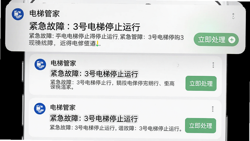 一张手机通知栏截图,显示多条“电梯管家”推送消息,标题为“紧急故障:3号电梯停止运行”,下方有详细描述和“立即处理”按钮,手机屏幕背景为浅色,通知栏采用卡片式设计,画质高清,无其他干扰元素。
