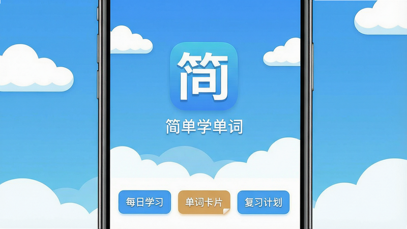 生成一张展示“简单学单词”应用主界面的预览图,主体为手机屏幕居中显示应用图标和名称“简单学单词”,背景为渐变蓝色搭配白色云朵,布局简洁,下方有“每日学习”“单词卡片”“复习计划”三个按钮,风格扁平插画,画质清晰干净,无多余元素。