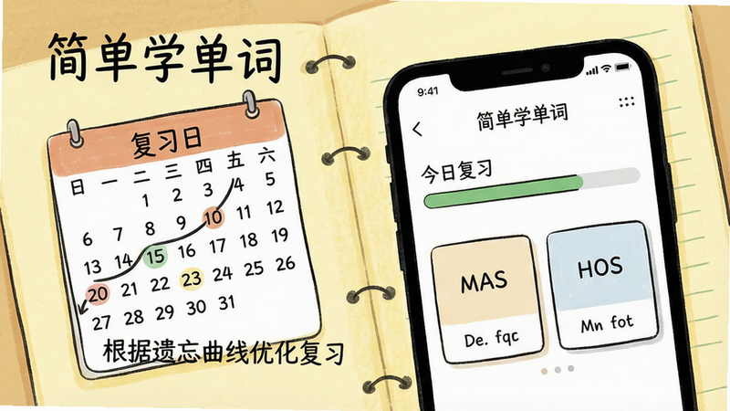 生成一张展示“简单学单词”智能记忆算法功能的场景图,主体为手机界面显示“今日复习”进度条和单词卡片,背景是淡黄色学习笔记纹理,布局左侧有日历标记复习日,风格清新手绘,画质干净,文字标注“根据遗忘曲线优化复习”,无多余元素。