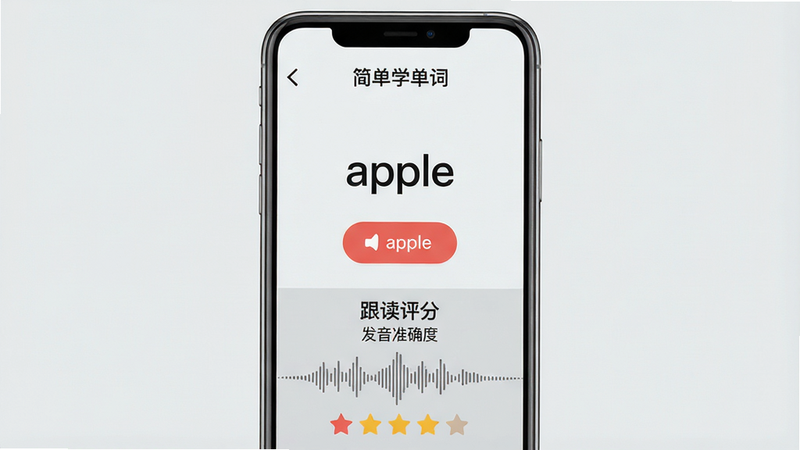 生成一张展示“简单学单词”跟读发音功能的界面图,主体为手机屏幕显示单词“apple”及发音按钮,下方有录音波形和评分星星,背景为浅灰色,布局居中,风格扁平现代,画质高清,文字加入“跟读评分”“发音准确度”,无多余元素。