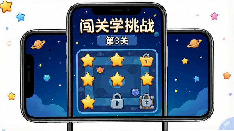 生成一张展示“简单学单词”闯关模式的游戏化界面图,主体为手机屏幕显示关卡地图,上面有多个星星和未解锁的关卡图标,背景为深蓝色星空,布局层次分明,风格卡通鲜艳,画质干净,文字标注“闯关挑战”“第3关”,无多余元素。