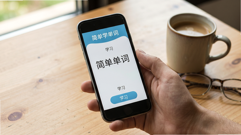 生成一张展示“简单学单词”使用场景的手机实拍图,主体为一只手拿着手机,手机屏幕显示单词学习界面,背景为木质书桌和咖啡杯,布局自然,风格写实,画质高清,无多余元素。