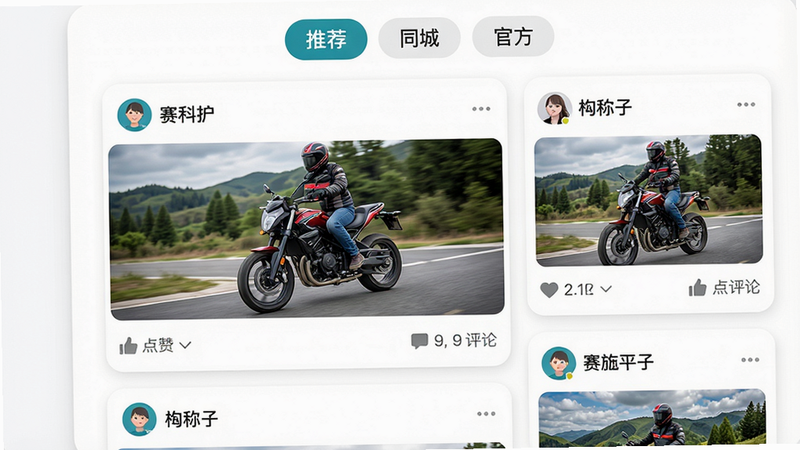 主体:社区动态列表,包含用户发布的图文帖子。布局:瀑布流卡片展示,每个卡片有用户头像、昵称、图片预览和点赞评论数。排版:顶部有“推荐”“同城”“官方”分类标签。风格:卡片圆角设计,白色背景,蓝绿色点缀。细节:第一张帖子图片为赛科龙摩托车骑行照片。画质:高清,无多余广告和弹窗。