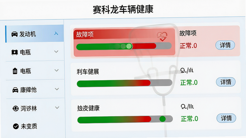 主体:车辆诊断报告页面,显示各项指标绿色/红色状态条。布局:左侧分类列表(发动机、电瓶、刹车等),右侧详细数据。排版:故障项用红色高亮,正常项绿色。风格:医疗检查报告风格,简洁信息图表。细节:每个指标旁有“详情”小按钮,顶部标题“赛科龙车辆健康”。画质:干净无多余元素。
